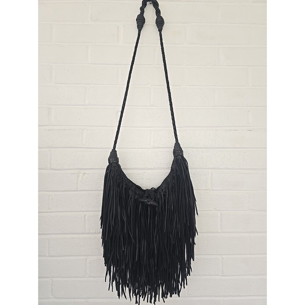 En Shalla Women's Boho Leather Anthropologie Fringe Crossbody Bag Black